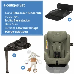 Reboarder-Kindersitz TODL next i-Size 360° inkl. Base Curve drehbar ab Geburt bis 4 Jahre (40 cm - 105 cm) mit Sitzverkleinerer, Polsterschutz & Spieltier - Pine