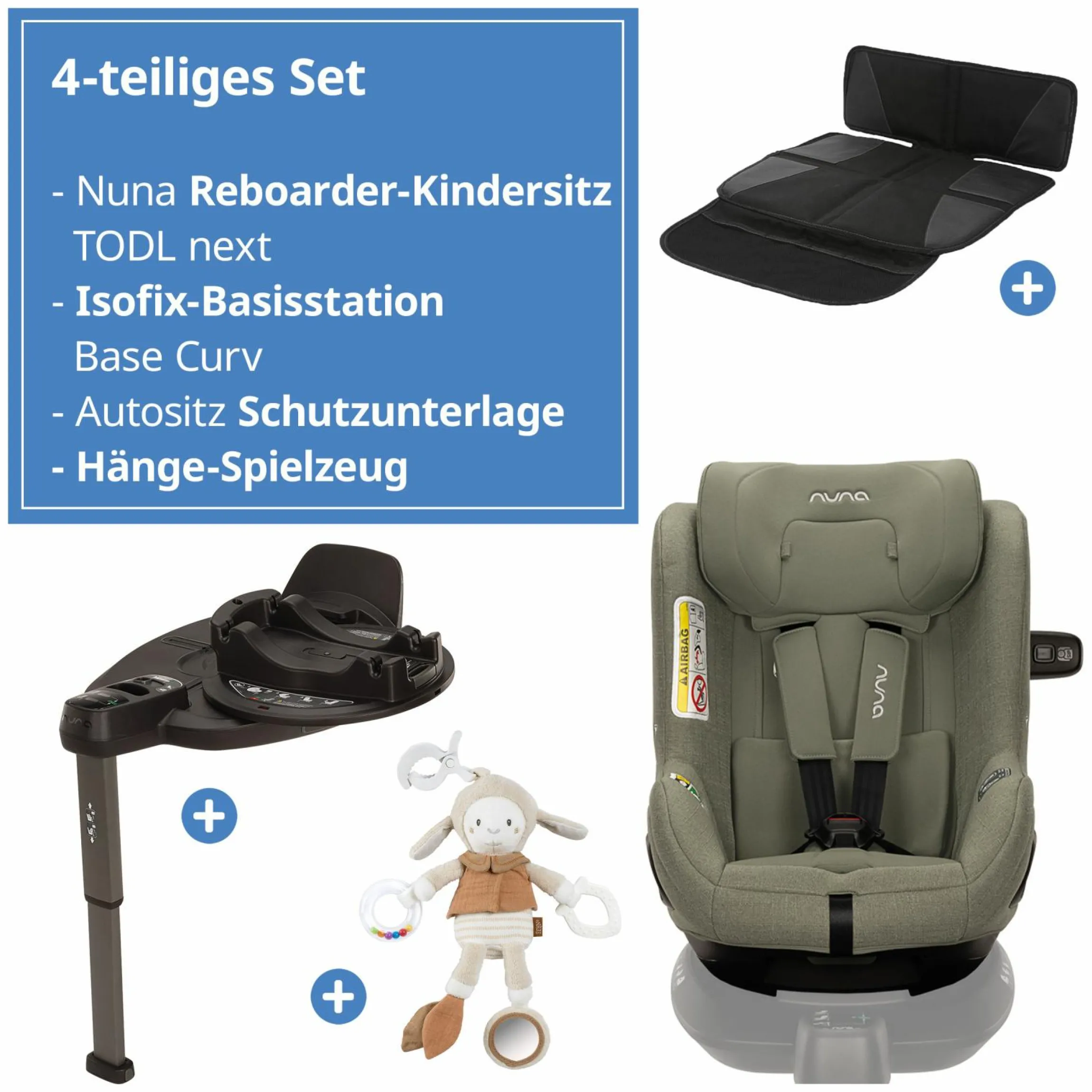 Reboarder-Kindersitz TODL next i-Size 360° inkl. Base Curve drehbar ab Geburt bis 4 Jahre (40 cm - 105 cm) mit Sitzverkleinerer, Polsterschutz & Spieltier - Pine