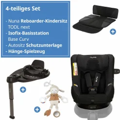 Reboarder-Kindersitz TODL next i-Size 360° inkl. Base Curve drehbar ab Geburt bis 4 Jahre (40 cm - 105 cm) mit Sitzverkleinerer, Polsterschutz & Spieltier - Thunder