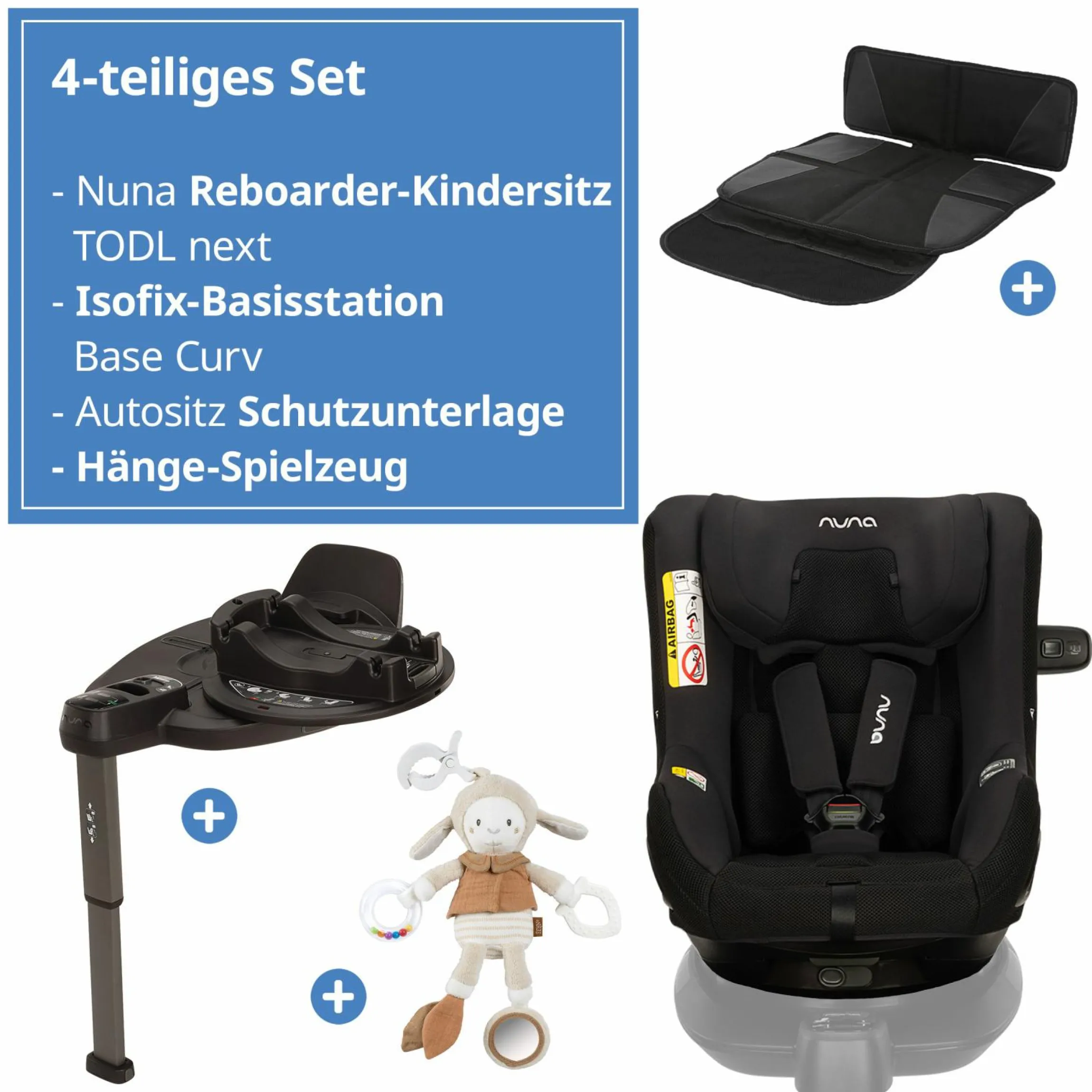 Reboarder-Kindersitz TODL next i-Size 360° inkl. Base Curve drehbar ab Geburt bis 4 Jahre (40 cm - 105 cm) mit Sitzverkleinerer, Polsterschutz & Spieltier - Thunder