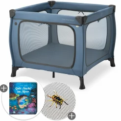 Reisebett & Laufgitter Sleep N Play SQ Set mit Komfort-Matratze + Insektenschutz + Buch "Gute Nacht im Meer" - Dark Blue