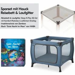 Reisebett & Laufgitter Sleep N Play SQ Set mit Komfort-Matratze + Insektenschutz + Buch "Gute Nacht im Meer" - Dark Blue