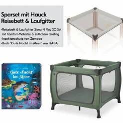 Reisebett & Laufgitter Sleep N Play SQ Set mit Komfort-Matratze + Insektenschutz + Buch "Gute Nacht im Meer" - Dark Green