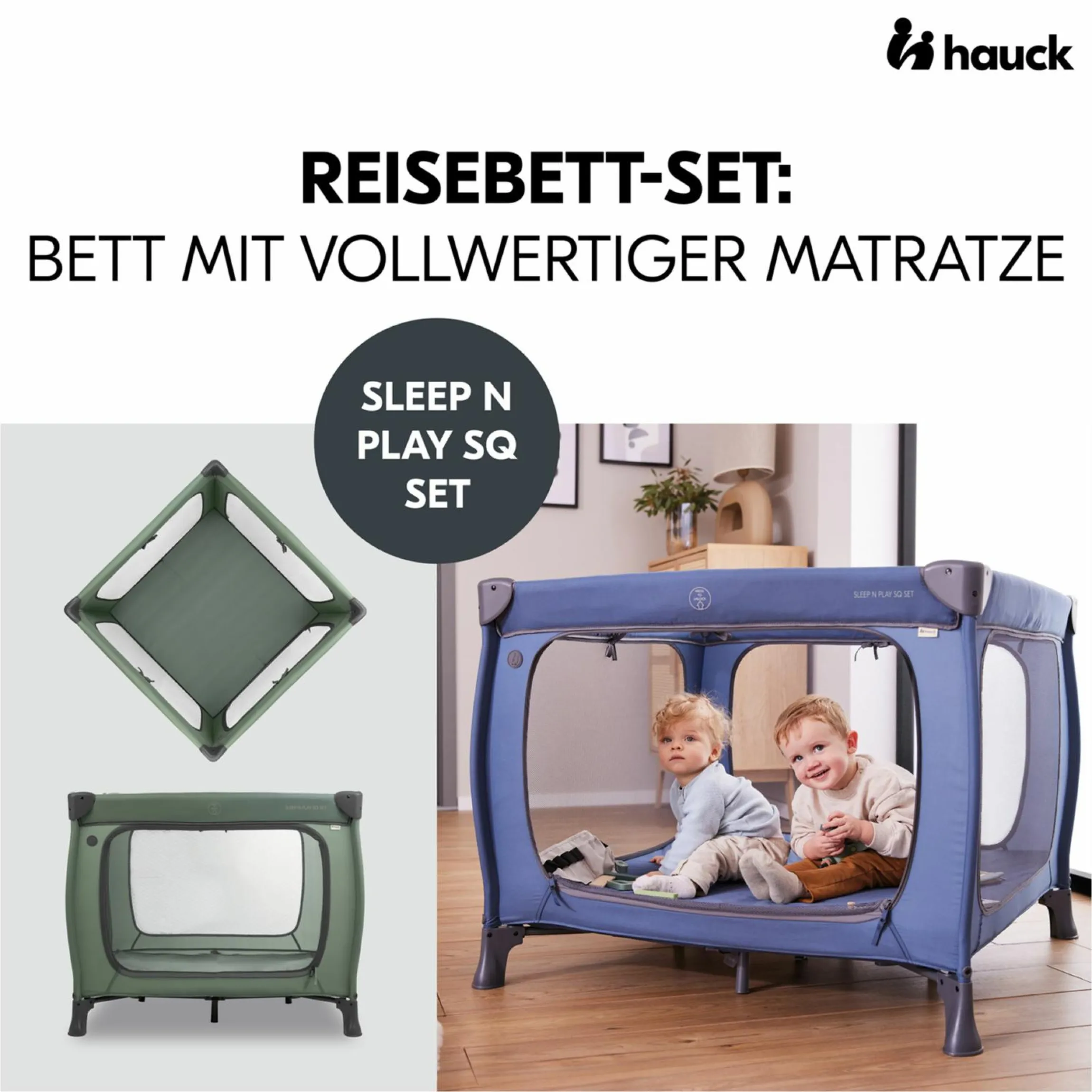 Reisebett & Laufgitter Sleep N Play SQ Set mit Komfort-Matratze + Insektenschutz + Buch "Gute Nacht im Meer" - Dark Green