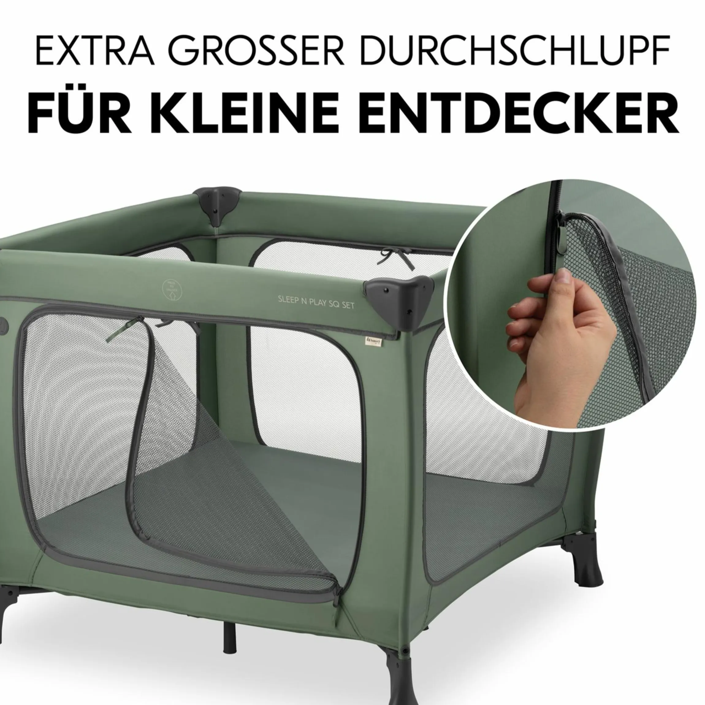 Reisebett & Laufgitter Sleep N Play SQ Set mit Komfort-Matratze + Insektenschutz + Buch "Gute Nacht im Meer" - Dark Green