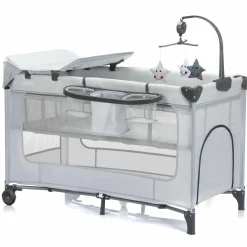 Reisebett Capri ab Geburt - 15 kg mit verstellbarem Einhang, 2 Räder, Einstieg, Wickeauflage , Windelablage, Mobile & Tragetasche - Hellgrau