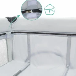 Reisebett Capri ab Geburt - 15 kg mit verstellbarem Einhang, 2 Räder, Einstieg, Wickeauflage , Windelablage, Mobile & Tragetasche - Hellgrau