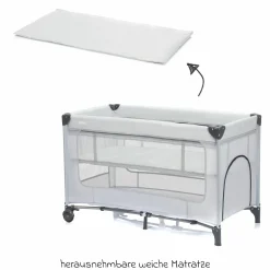 Reisebett Capri ab Geburt - 15 kg mit verstellbarem Einhang, 2 Räder, Einstieg, Wickeauflage , Windelablage, Mobile & Tragetasche - Hellgrau