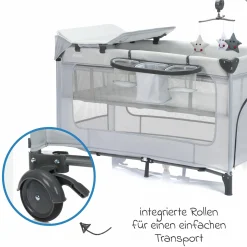 Reisebett Capri ab Geburt - 15 kg mit verstellbarem Einhang, 2 Räder, Einstieg, Wickeauflage , Windelablage, Mobile & Tragetasche - Hellgrau