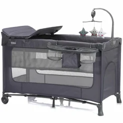 Reisebett Capri ab Geburt - 15 kg mit verstellbarem Einhang, 2 Räder, Einstieg, Wickelauflage, Windelablage, Mobile & Tragetasche - Dunkelgrau - Kollektion 2025