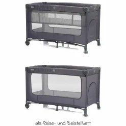 Reisebett Capri ab Geburt - 15 kg mit verstellbarem Einhang, 2 Räder, Einstieg, Wickelauflage, Windelablage, Mobile & Tragetasche - Dunkelgrau - Kollektion 2025