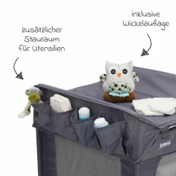Reisebett Capri ab Geburt - 15 kg mit verstellbarem Einhang, 2 Räder, Einstieg, Wickelauflage, Windelablage, Mobile & Tragetasche - Dunkelgrau - Kollektion 2025
