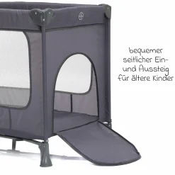 Reisebett Capri ab Geburt - 15 kg mit verstellbarem Einhang, 2 Räder, Einstieg, Wickelauflage, Windelablage, Mobile & Tragetasche - Dunkelgrau - Kollektion 2025