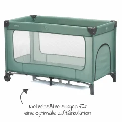 Reisebett Capri ab Geburt - 15 kg mit verstellbarem Einhang, 2 Räder, Einstieg, Wickeauflage , Windelablage, Mobile & Tragetasche - Grün