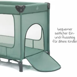 Reisebett Capri ab Geburt - 15 kg mit verstellbarem Einhang, 2 Räder, Einstieg, Wickeauflage , Windelablage, Mobile & Tragetasche - Grün