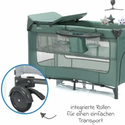 Reisebett Capri ab Geburt - 15 kg mit verstellbarem Einhang, 2 Räder, Einstieg, Wickeauflage , Windelablage, Mobile & Tragetasche - Grün