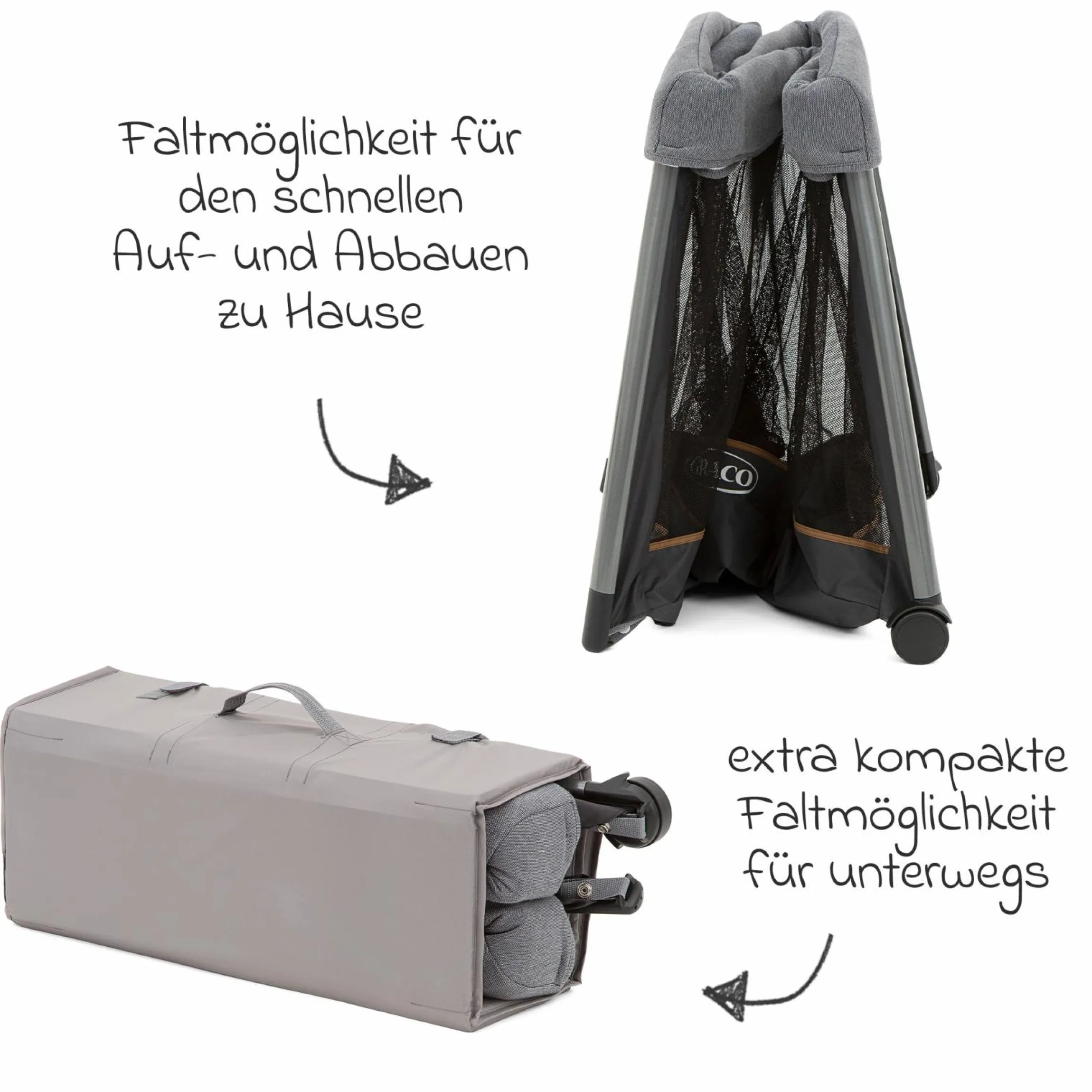 Reisebett FoldLite ab Geburt - 3 Jahre nur 6,78 kg leicht inkl. Transporttasche & Insektenschutz - Shadow - Kollektion 2025