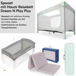 Reisebett Set Dream N Play Plus inkl. Alvi Reisebett-Matratze & Insektenschutz - Dusty Mint