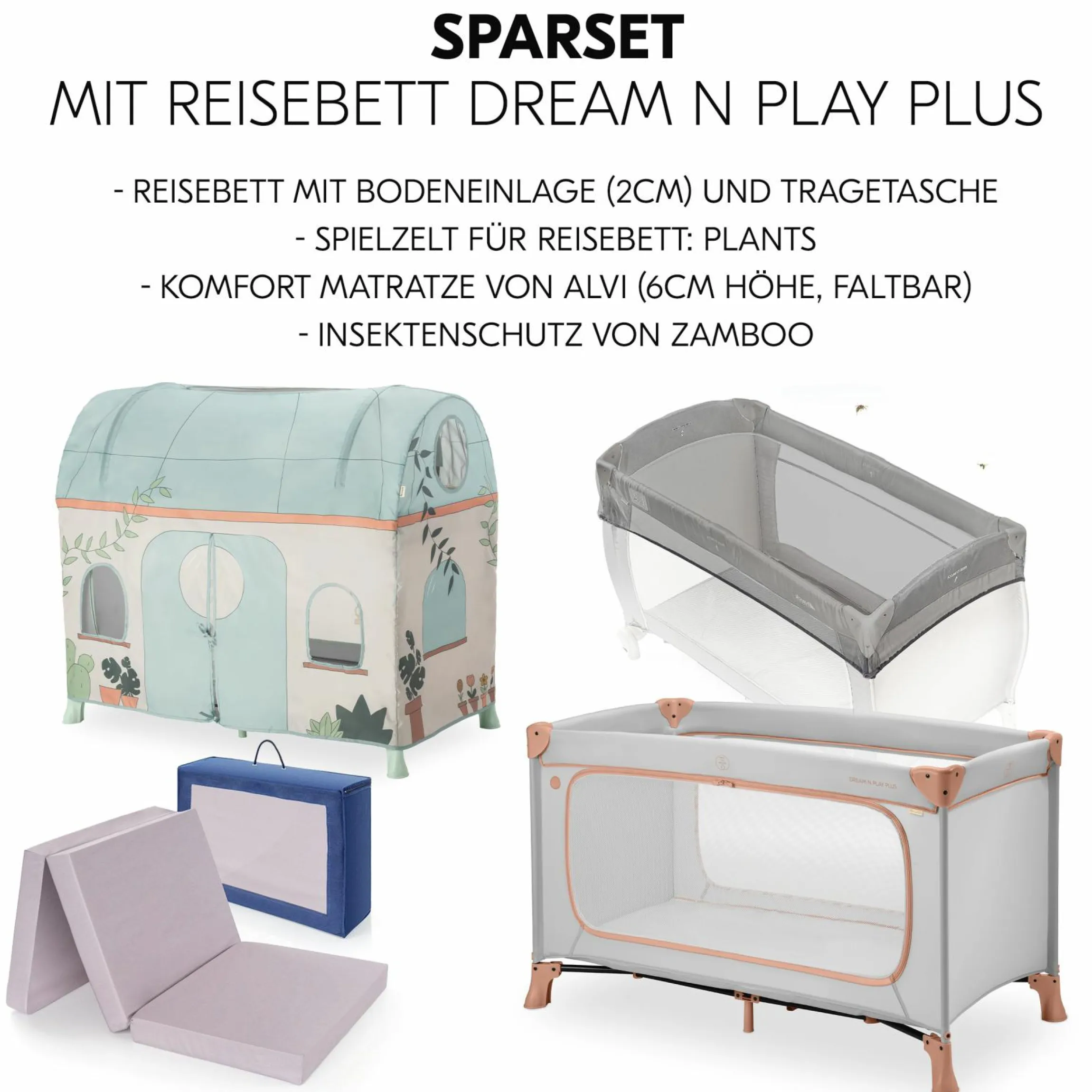 Reisebett Set Dream N Play Plus inkl. Spielzelt, Alvi Reisebett-Matratze & Insektenschutz - Dusty Cork / Plants