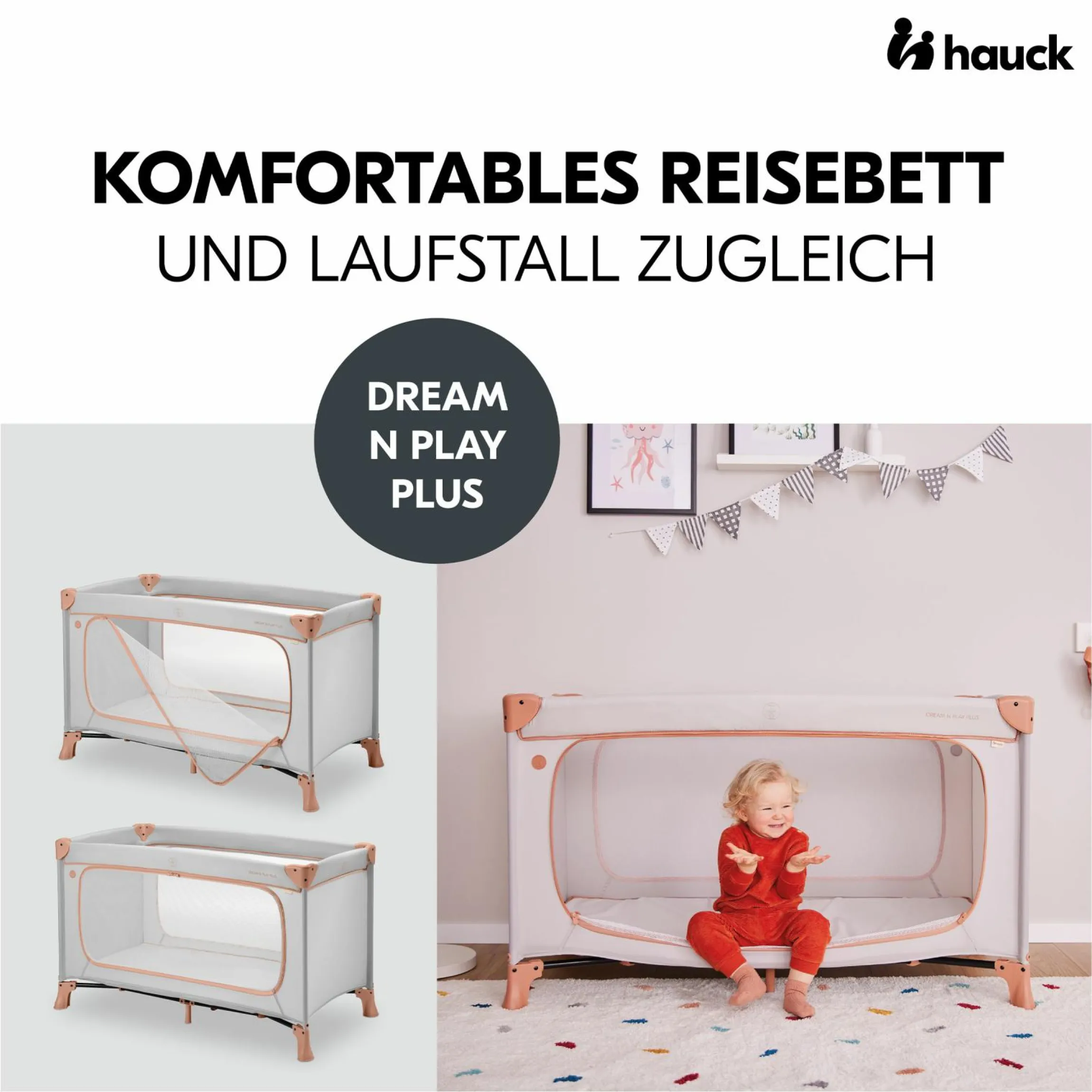 Reisebett Set Dream N Play Plus inkl. Spielzelt, Alvi Reisebett-Matratze & Insektenschutz - Dusty Cork / Plants