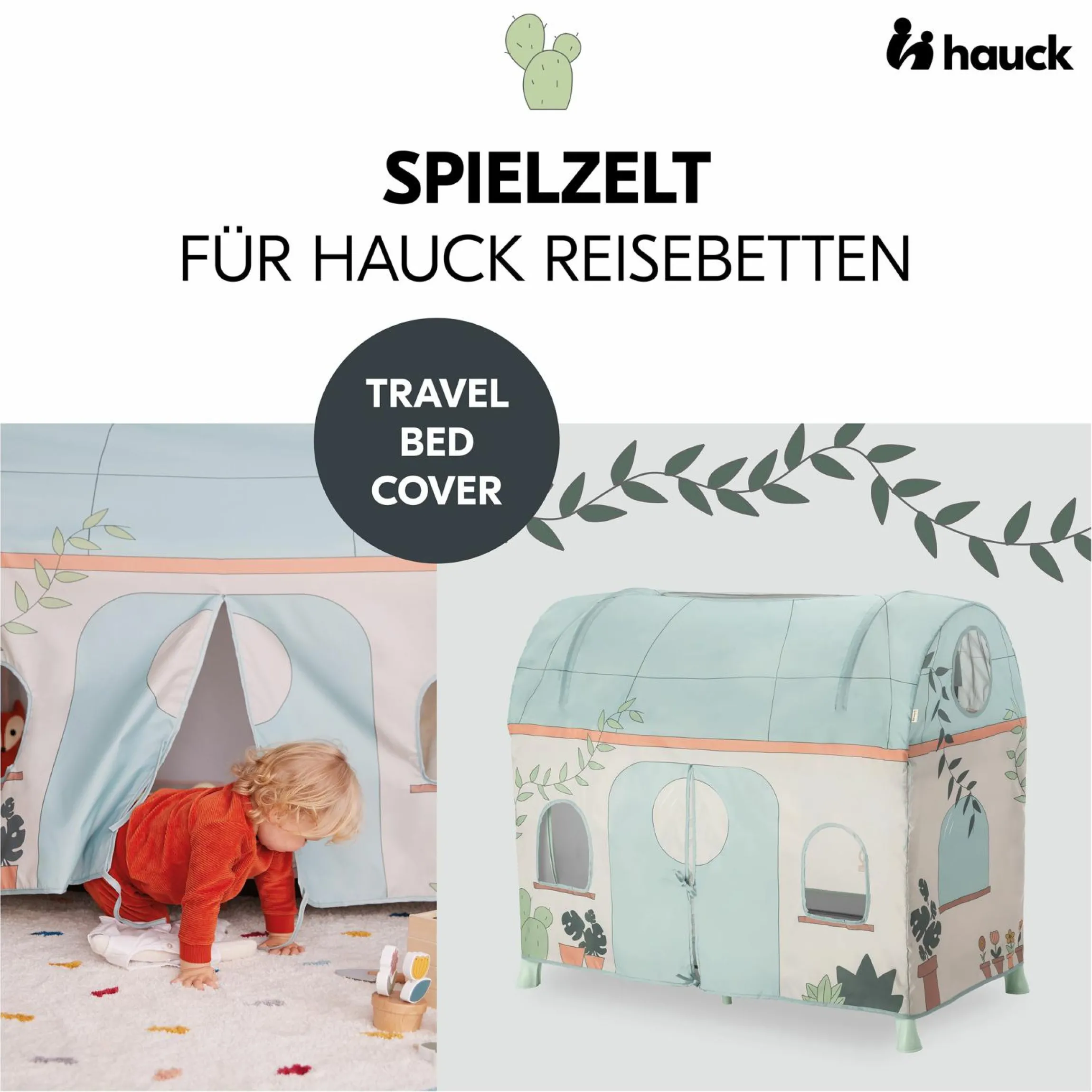 Reisebett Set Dream N Play Plus inkl. Spielzelt, Alvi Reisebett-Matratze & Insektenschutz - Dusty Cork / Plants