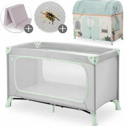 Reisebett Set Dream N Play Plus inkl. Spielzelt, Alvi Reisebett-Matratze & Insektenschutz - Dusty Mint / Plants