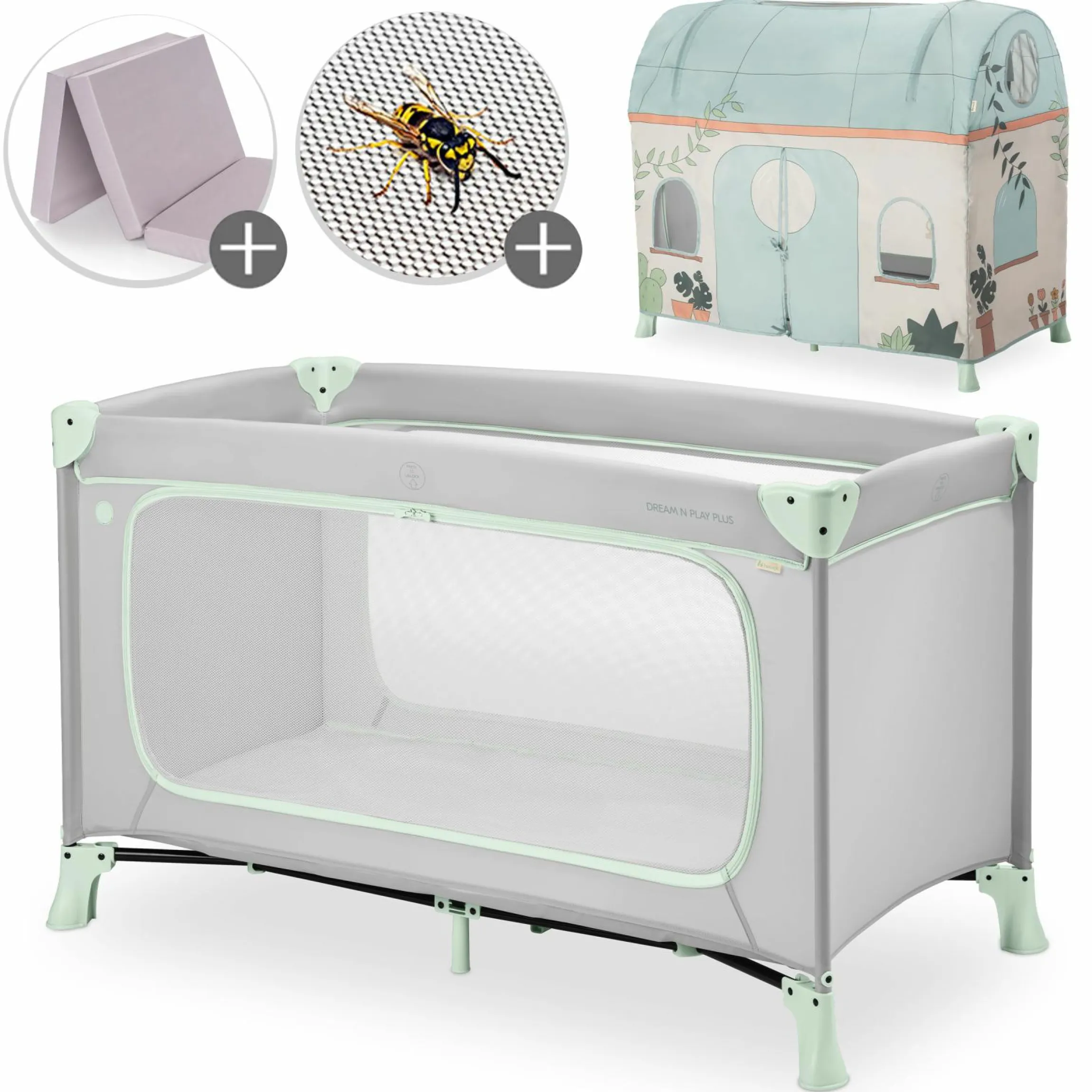 Reisebett Set Dream N Play Plus inkl. Spielzelt, Alvi Reisebett-Matratze & Insektenschutz - Dusty Mint / Plants