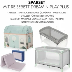 Reisebett Set Dream N Play Plus inkl. Spielzelt, Alvi Reisebett-Matratze & Insektenschutz - Dusty Mint / Plants