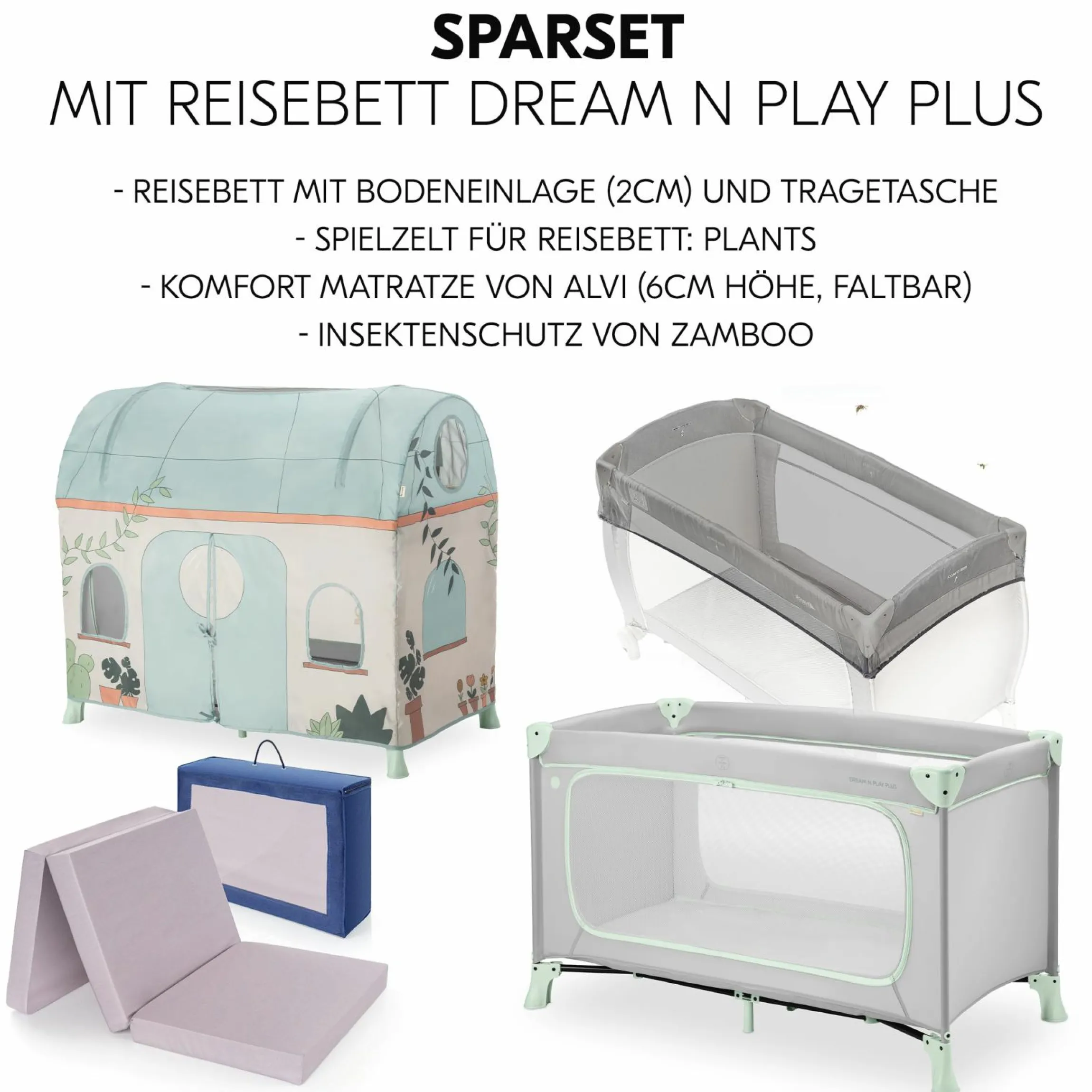 Reisebett Set Dream N Play Plus inkl. Spielzelt, Alvi Reisebett-Matratze & Insektenschutz - Dusty Mint / Plants