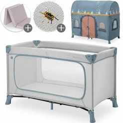 Reisebett Set Dream N Play Plus inkl. Spielzelt, Alvi Reisebett-Matratze & Insektenschutz - Dusty Blue / Palace