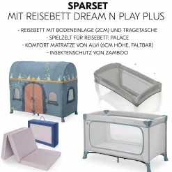 Reisebett Set Dream N Play Plus inkl. Spielzelt, Alvi Reisebett-Matratze & Insektenschutz - Dusty Blue / Palace
