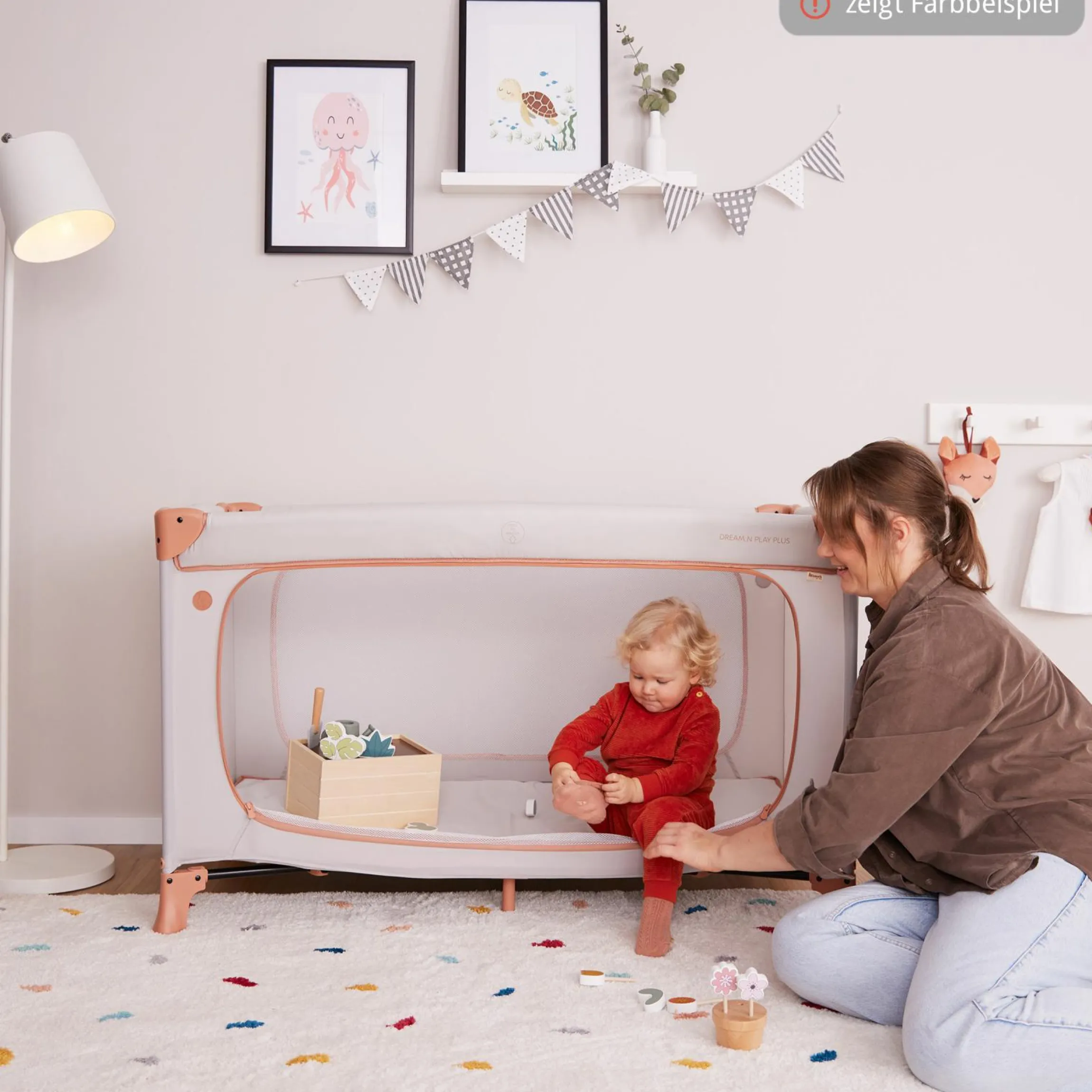 Reisebett Set Dream N Play Plus inkl. Spielzelt, Alvi Reisebett-Matratze & Insektenschutz - Dusty Blue / Palace