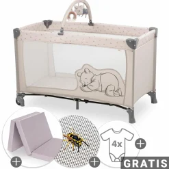 Reisebett Set Dream`n Play Go inkl. Alvi Reisebett-Matratze & Insektenschutz + GRATIS Langarmbody 4er Pack - Disney - Pooh Rainbow Beige