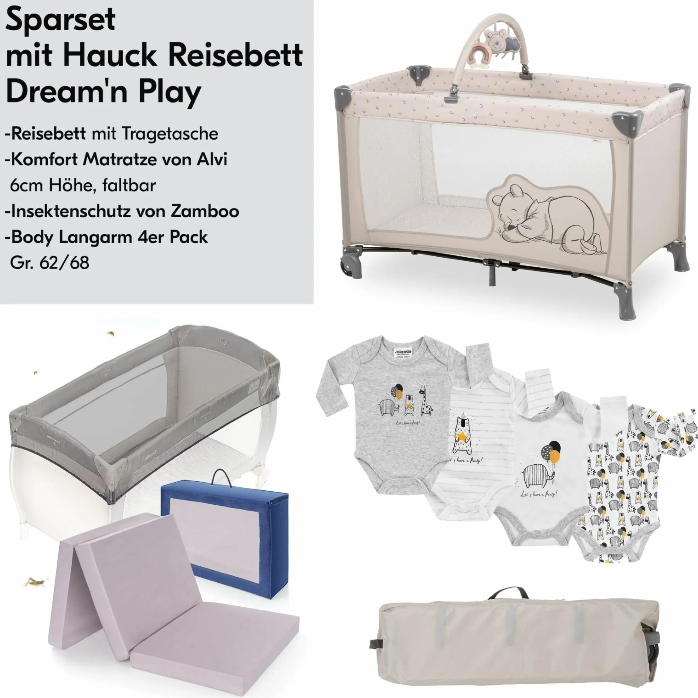 Reisebett Set Dream`n Play Go inkl. Alvi Reisebett-Matratze & Insektenschutz + GRATIS Langarmbody 4er Pack - Disney - Pooh Rainbow Beige