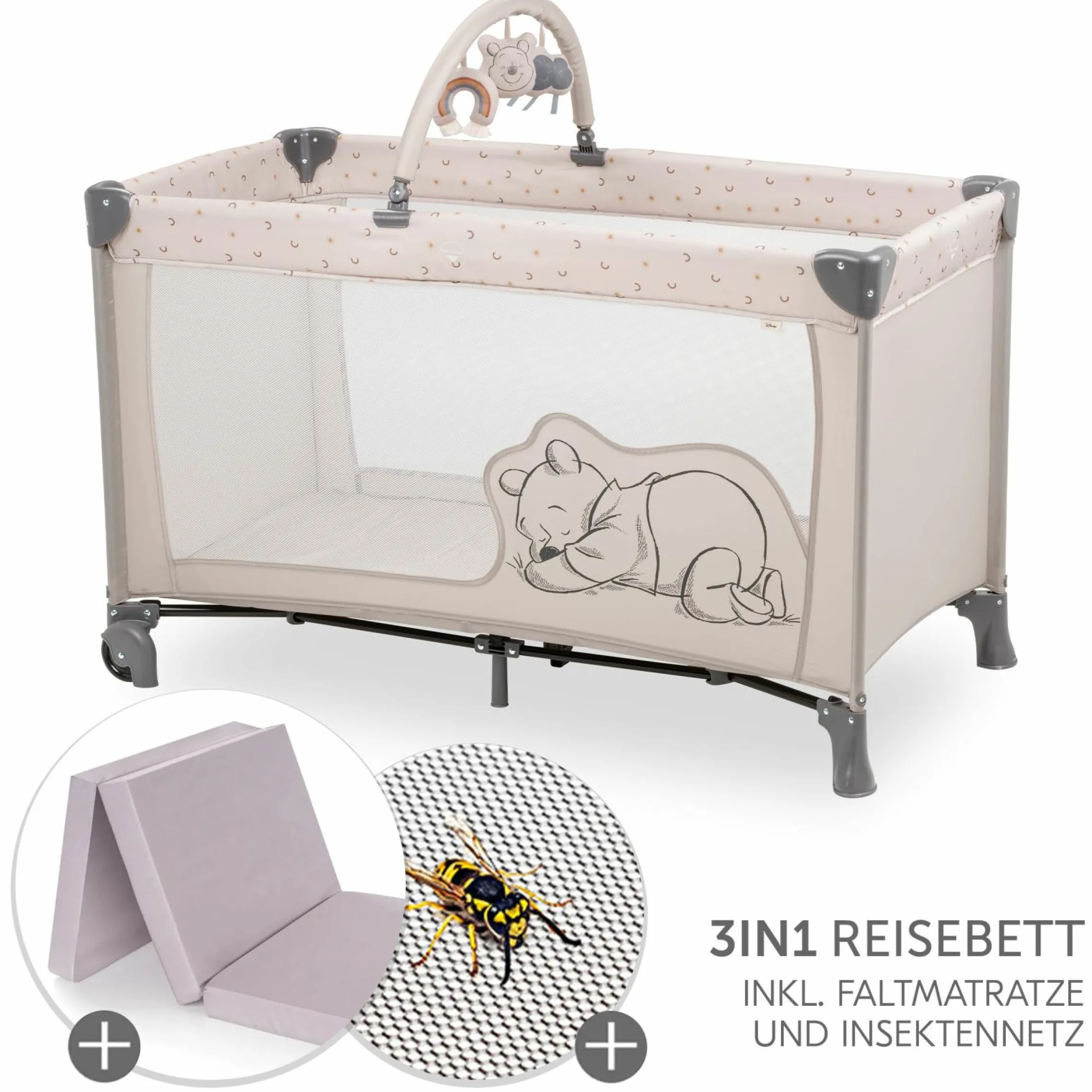 Reisebett Set Dream`n Play Go inkl. Alvi Reisebett-Matratze & Insektenschutz - Disney - Pooh Rainbow Beige