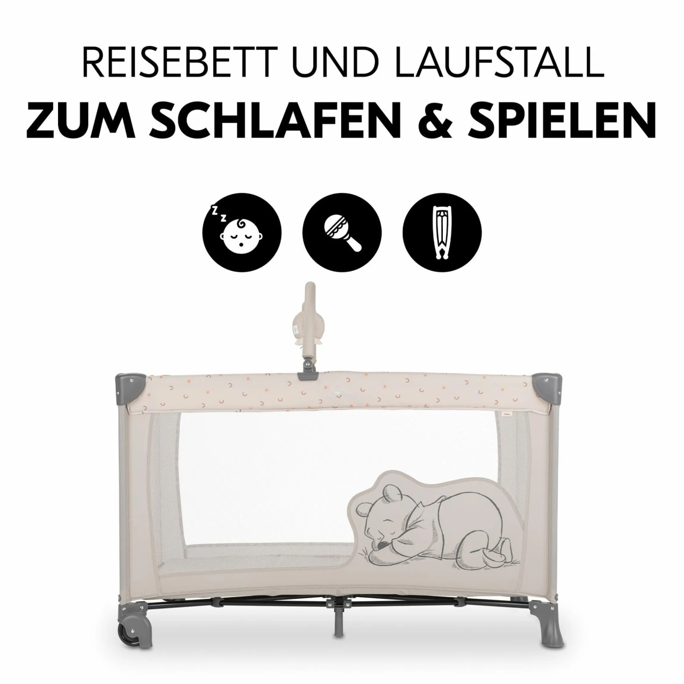 Reisebett Set Dream`n Play Go inkl. Alvi Reisebett-Matratze & Insektenschutz - Disney - Pooh Rainbow Beige