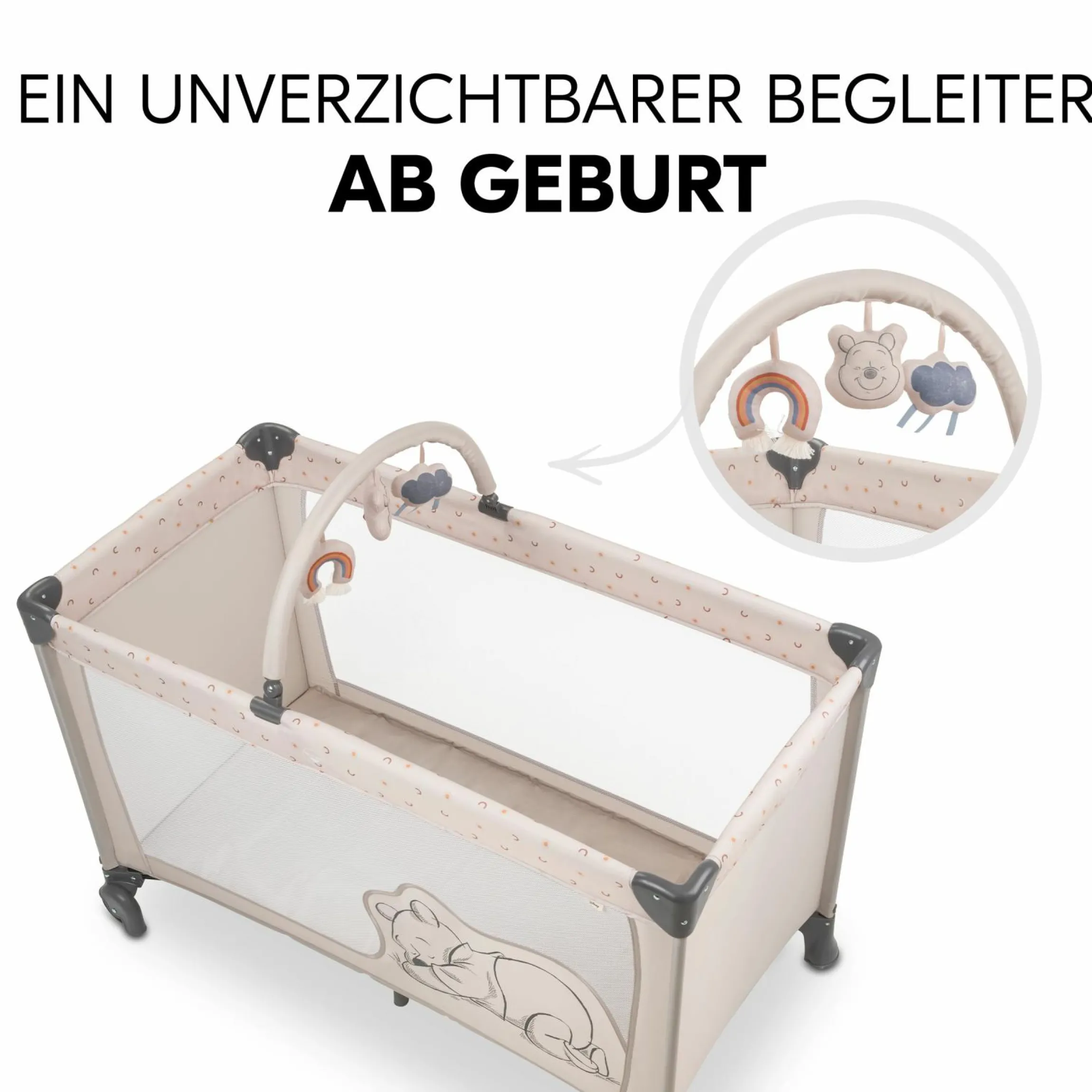 Reisebett Set Dream`n Play Go inkl. Alvi Reisebett-Matratze & Insektenschutz - Disney - Pooh Rainbow Beige