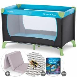 Reisebett Sparset - Dream N Play inkl. Alvi Reisebett-Matratze + Insektenschutz + Buch "Gute Nacht im Meer" - Waterblue