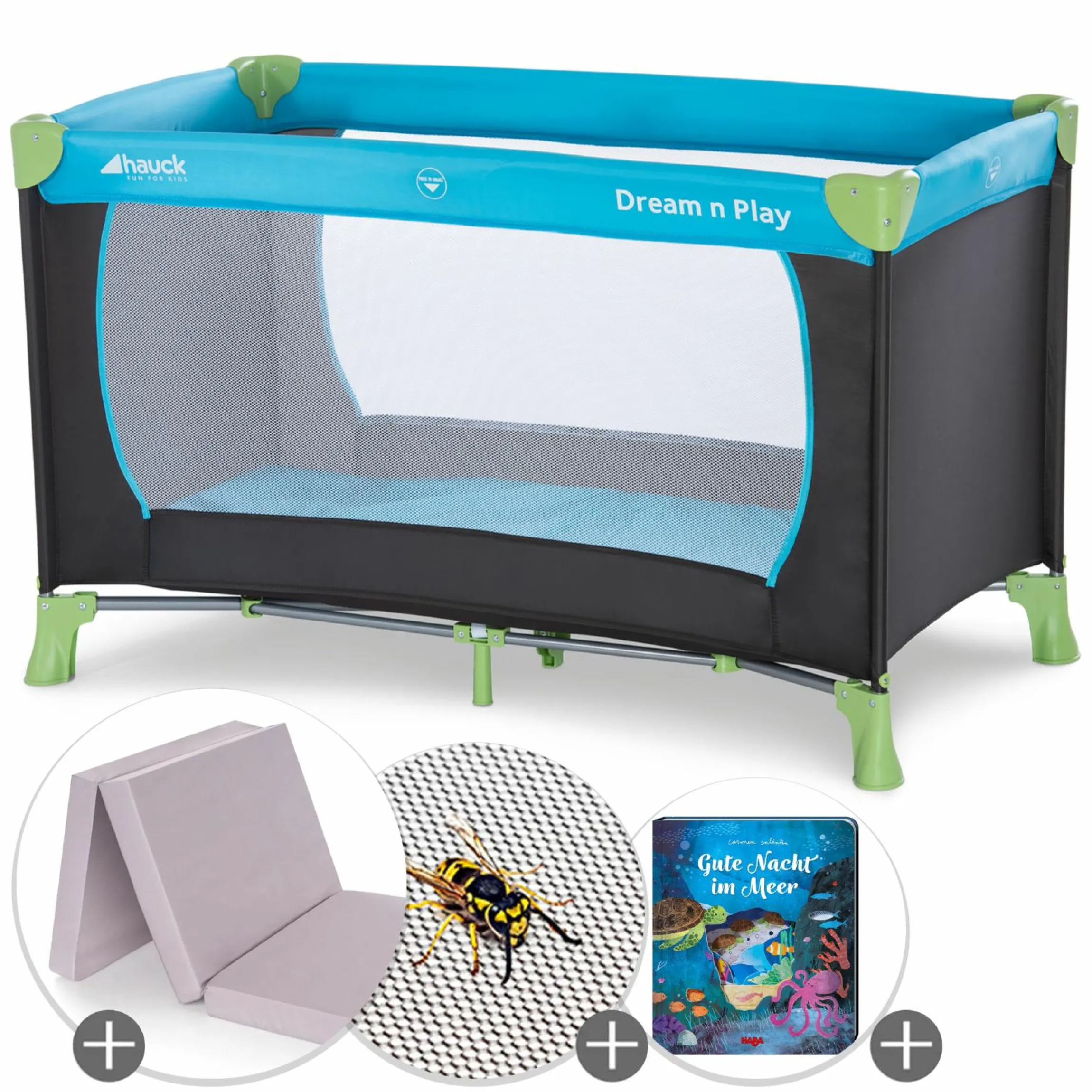 Reisebett Sparset - Dream N Play inkl. Alvi Reisebett-Matratze + Insektenschutz + Buch "Gute Nacht im Meer" - Waterblue