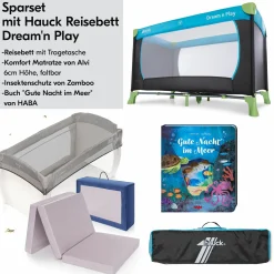 Reisebett Sparset - Dream N Play inkl. Alvi Reisebett-Matratze + Insektenschutz + Buch "Gute Nacht im Meer" - Waterblue