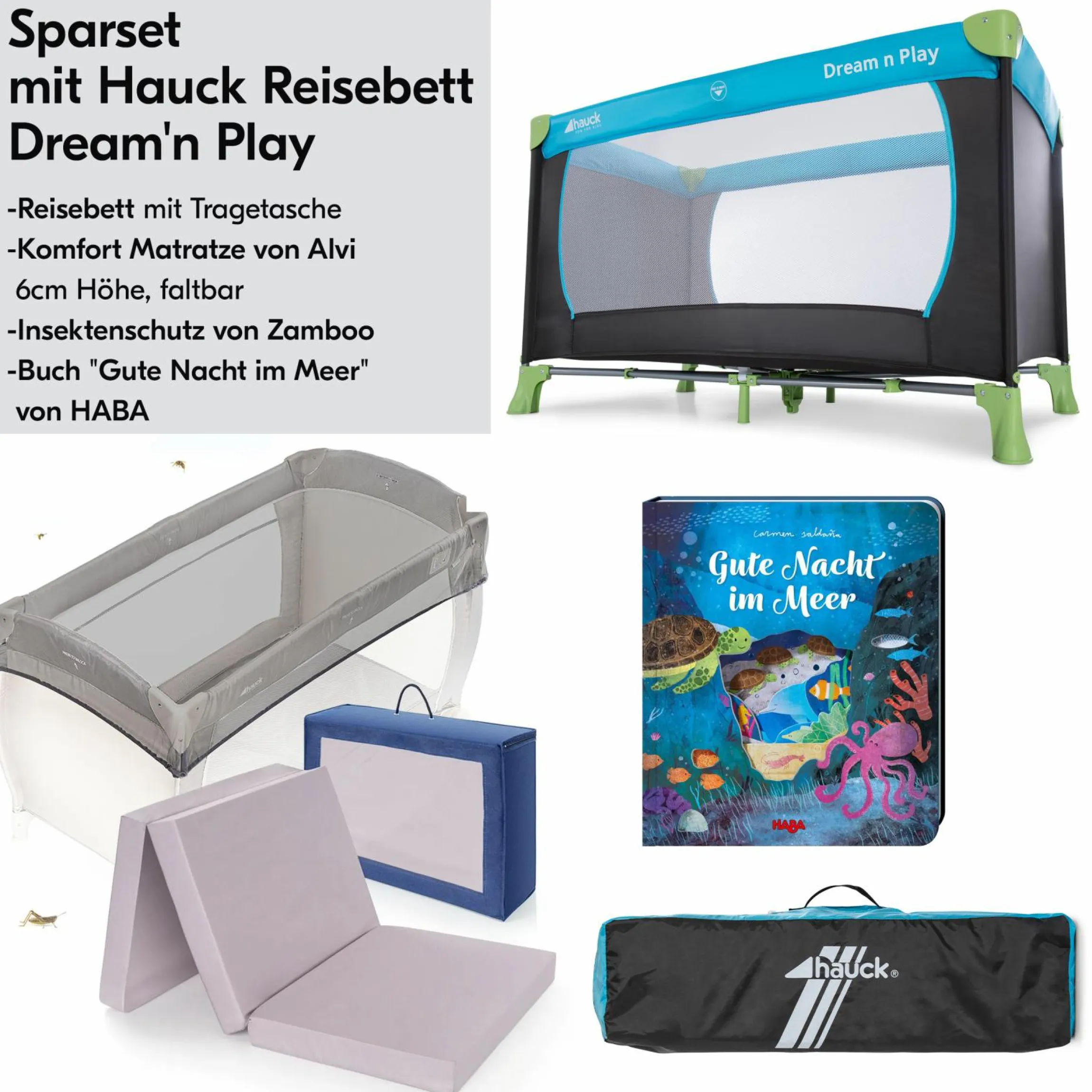Reisebett Sparset - Dream N Play inkl. Alvi Reisebett-Matratze + Insektenschutz + Buch "Gute Nacht im Meer" - Waterblue