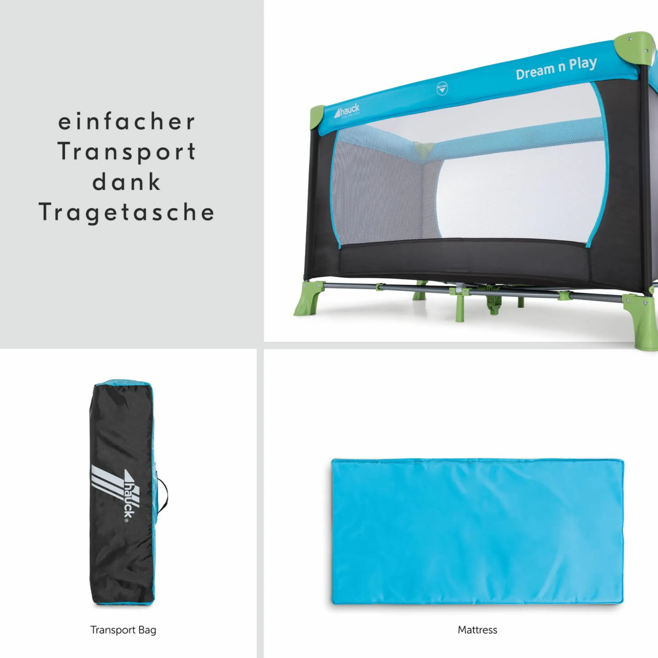 Reisebett Sparset - Dream N Play inkl. Alvi Reisebett-Matratze + Insektenschutz + Buch "Gute Nacht im Meer" - Waterblue