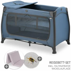 Reisebett Sparset Play N Relax Center inkl. Komfort Matratze, Einhang, Wickelauflage & Moskitonetz - Dark Blue