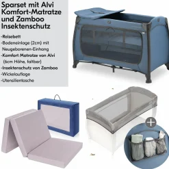 Reisebett Sparset Play N Relax Center inkl. Komfort Matratze, Einhang, Wickelauflage & Moskitonetz - Dark Blue