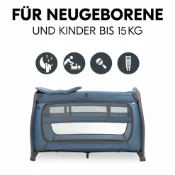 Reisebett Sparset Play N Relax Center inkl. Komfort Matratze, Einhang, Wickelauflage & Moskitonetz - Dark Blue
