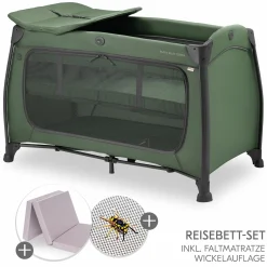 Reisebett Sparset Play N Relax Center inkl. Komfort Matratze, Einhang, Wickelauflage & Moskitonetz - Dark Green