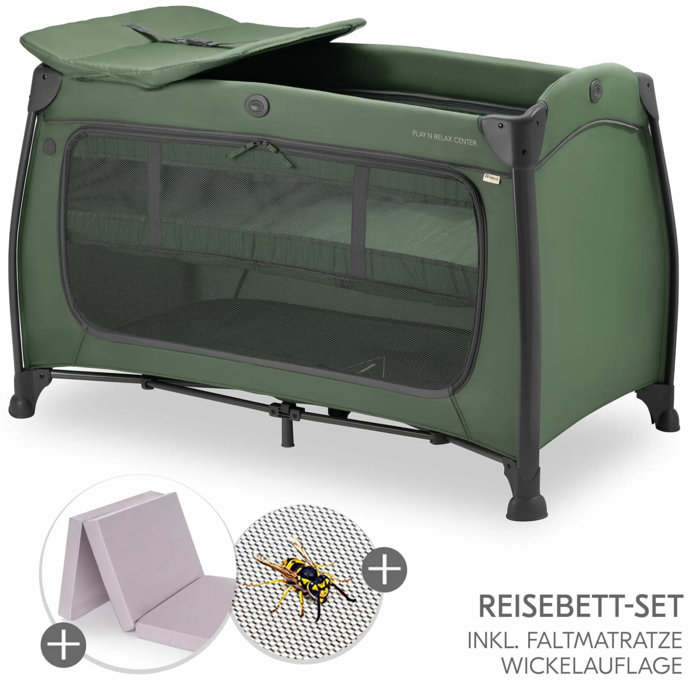 Reisebett Sparset Play N Relax Center inkl. Komfort Matratze, Einhang, Wickelauflage & Moskitonetz - Dark Green