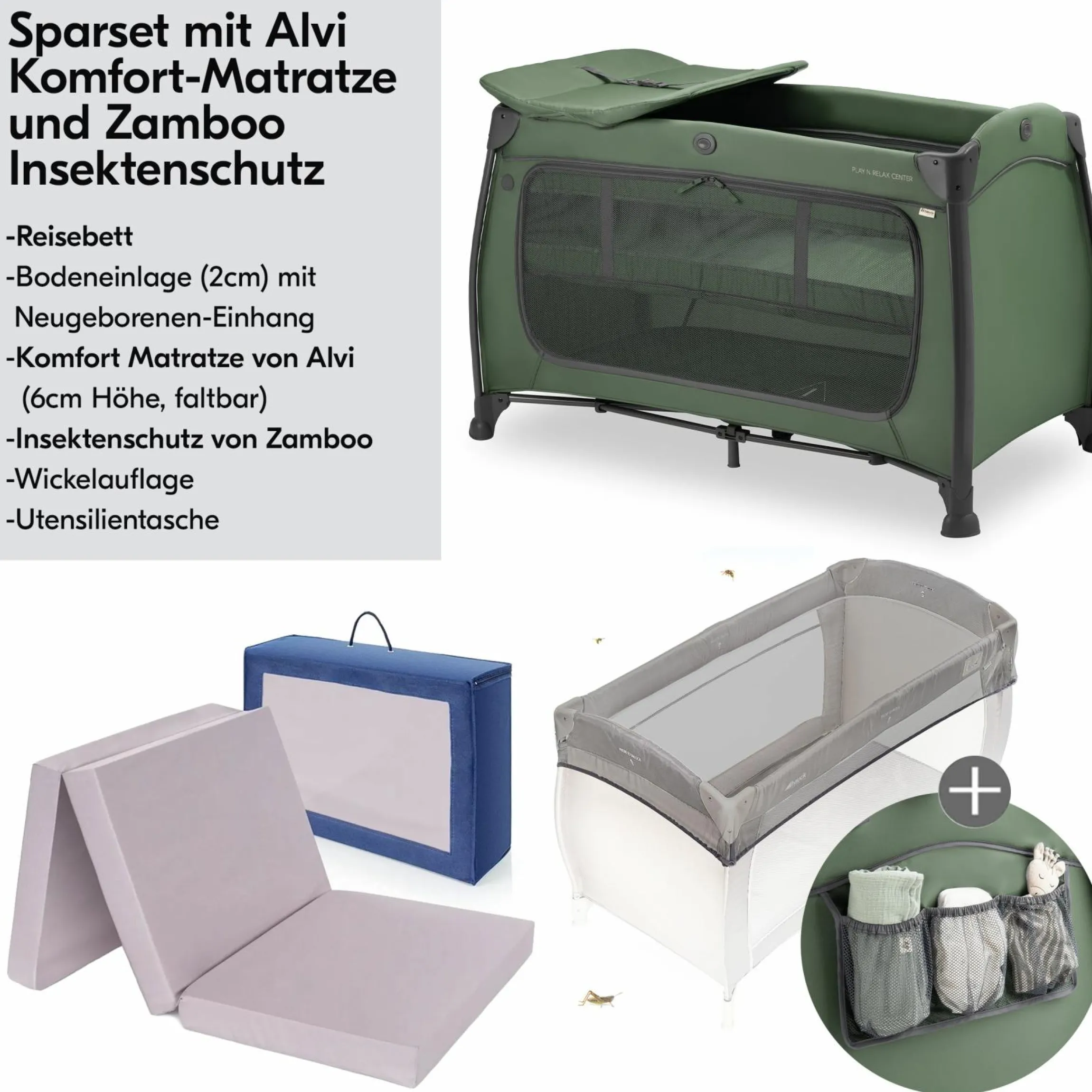 Reisebett Sparset Play N Relax Center inkl. Komfort Matratze, Einhang, Wickelauflage & Moskitonetz - Dark Green