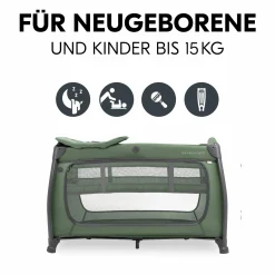 Reisebett Sparset Play N Relax Center inkl. Komfort Matratze, Einhang, Wickelauflage & Moskitonetz - Dark Green