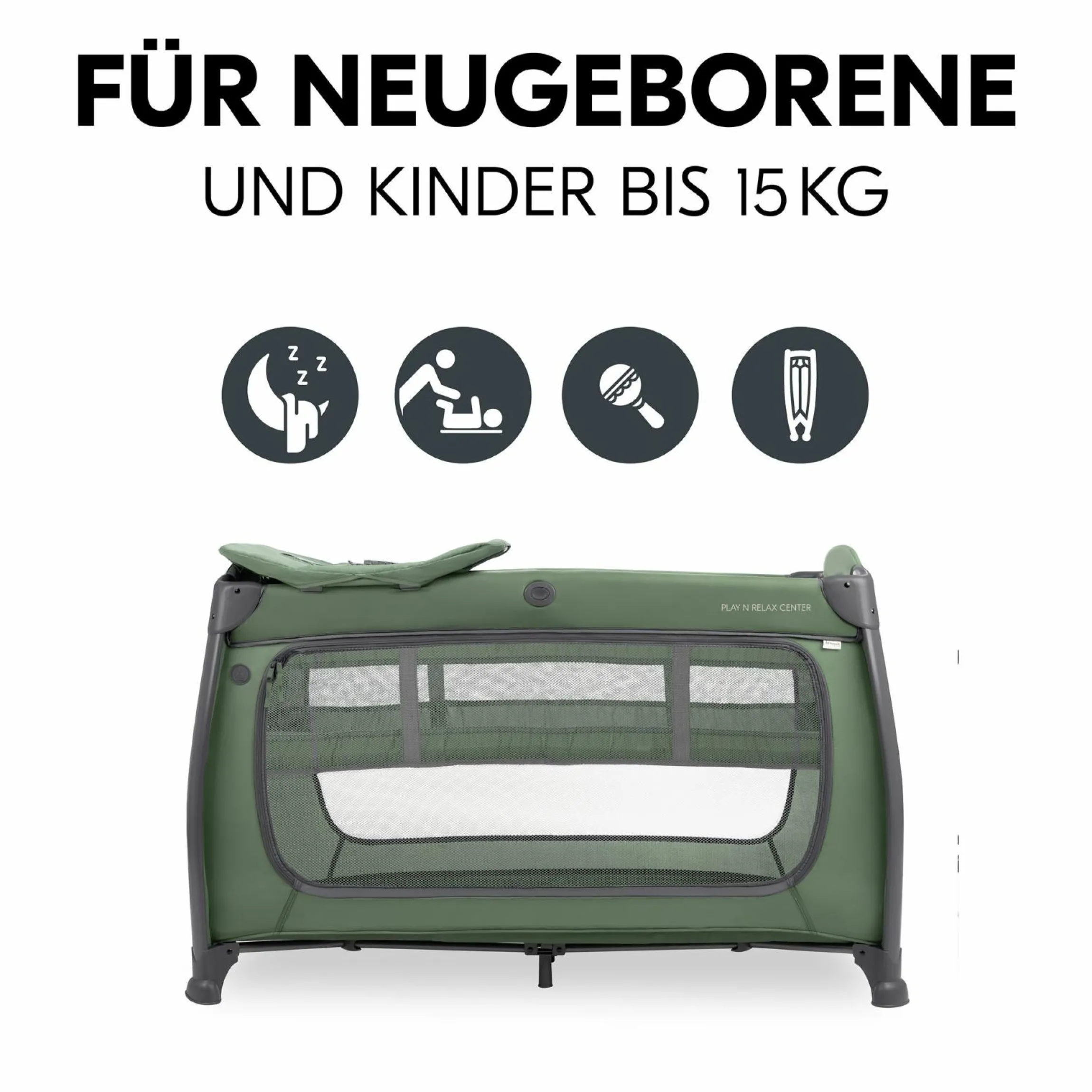 Reisebett Sparset Play N Relax Center inkl. Komfort Matratze, Einhang, Wickelauflage & Moskitonetz - Dark Green